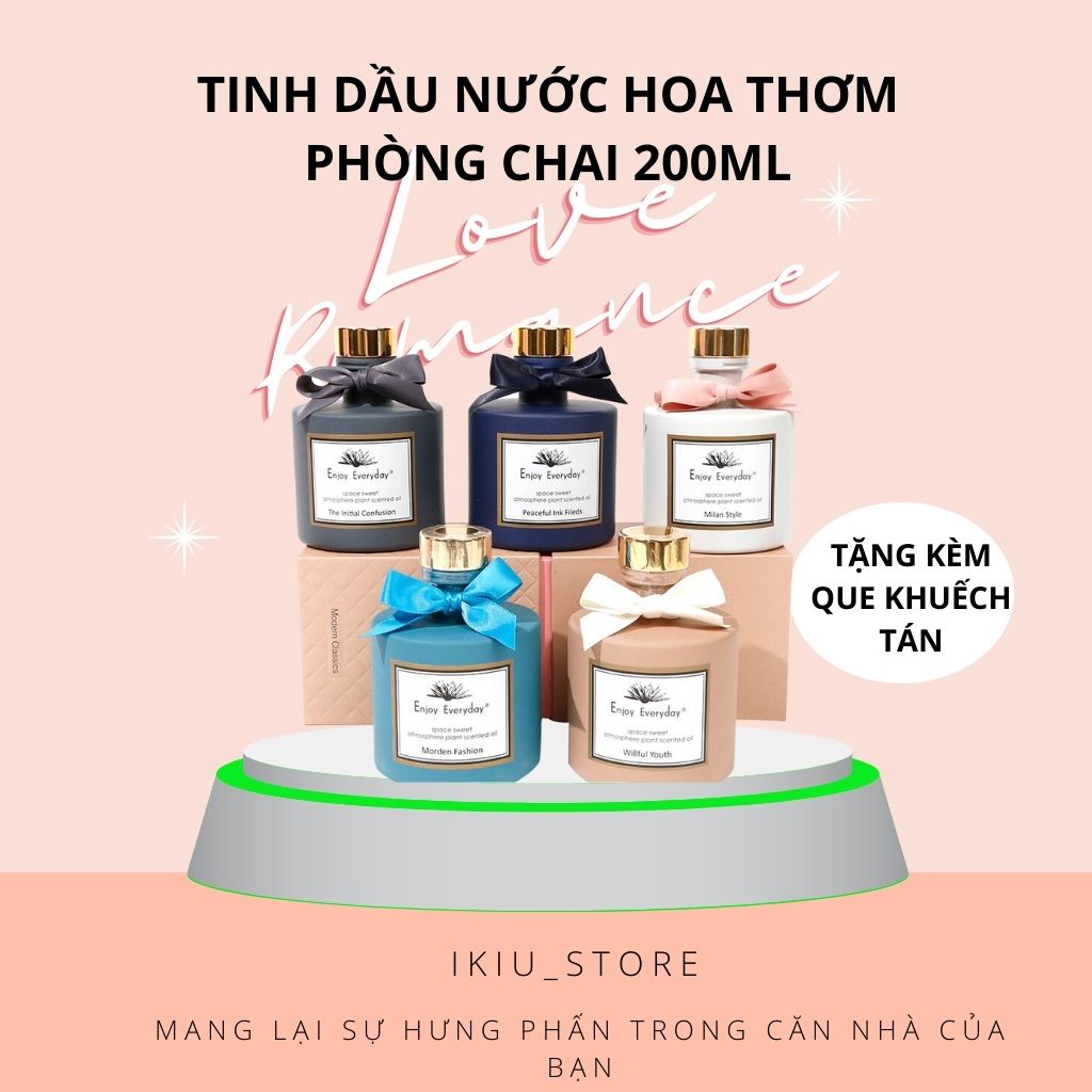 Tinh dầu thơm phòng enjoy IKIU không đốt cháy phong cách bắc âu kèm nhiều que khuếch tán chai 200ml