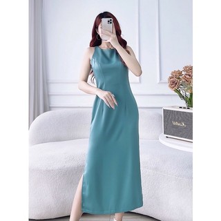 Đầm lụa cổ yếm dáng suông xẻ sườn | BLUE