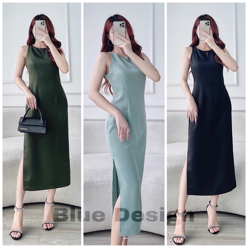 Đầm lụa cổ yếm dáng suông xẻ sườn | BLUE
