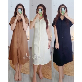 [Ảnh thật+Clip] Set Đầm Váy Midi Cổ Sơ Mi 2 Túi Ngực Tay Hến Dáng Suông Chất Gân Xốp Kèm Váy Lót 2 Dây - Hanju