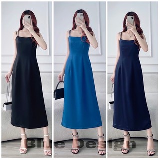 Đầm lụa hai dây cổ ngang dáng suông xẻ sau | BLUE