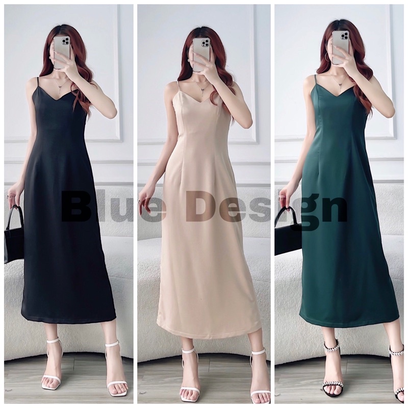 Đầm lụa hai dây cổ tim dáng suông xẻ sau | BLUE