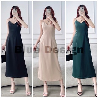 Đầm lụa hai dây cổ tim dáng suông xẻ sau | BLUE