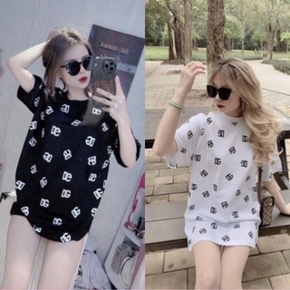 Áo phông rộng nữ tay ngắn họa tiết kín chữ, áo thun tay lỡ thời trang chất cotton đẹp
