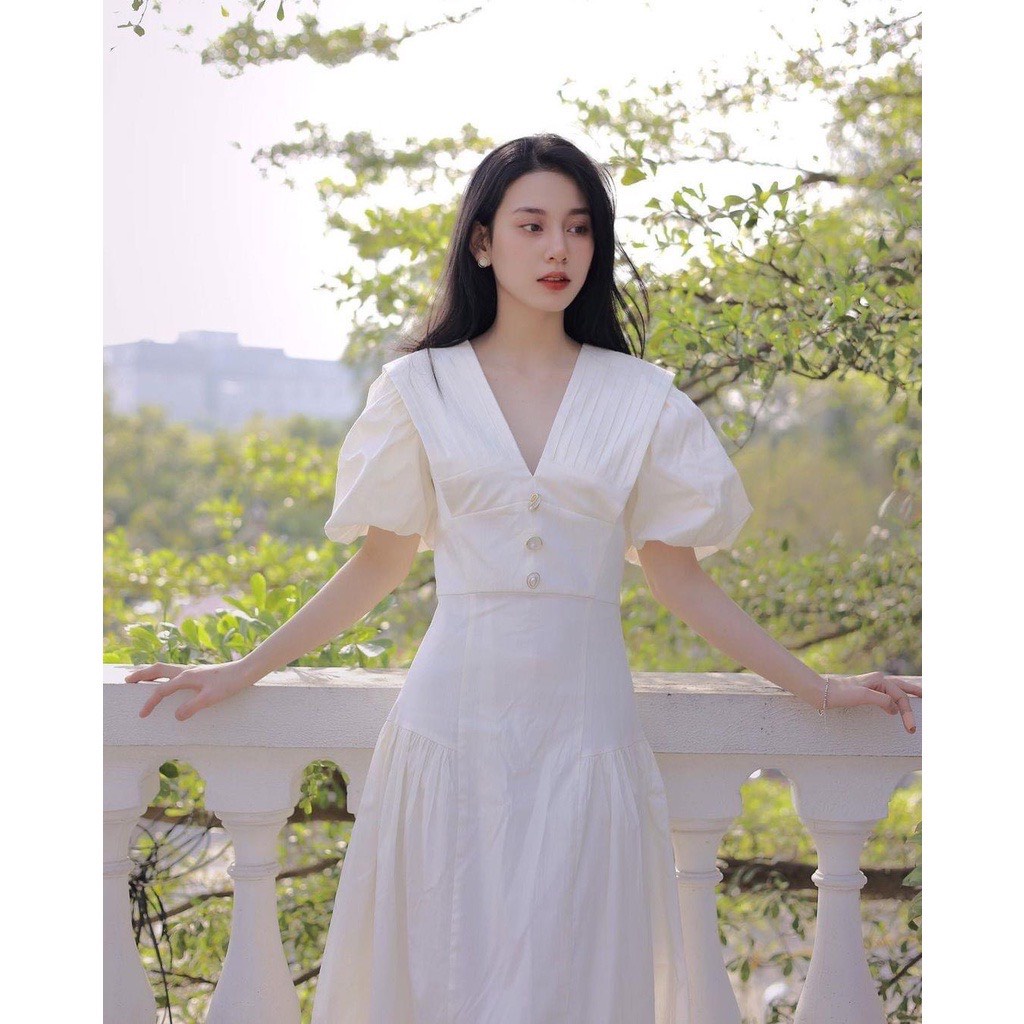 Đầm Tay Bồng Cổ V Dáng Dài, Váy Công Sở Thanh Lịch-Hannie Store