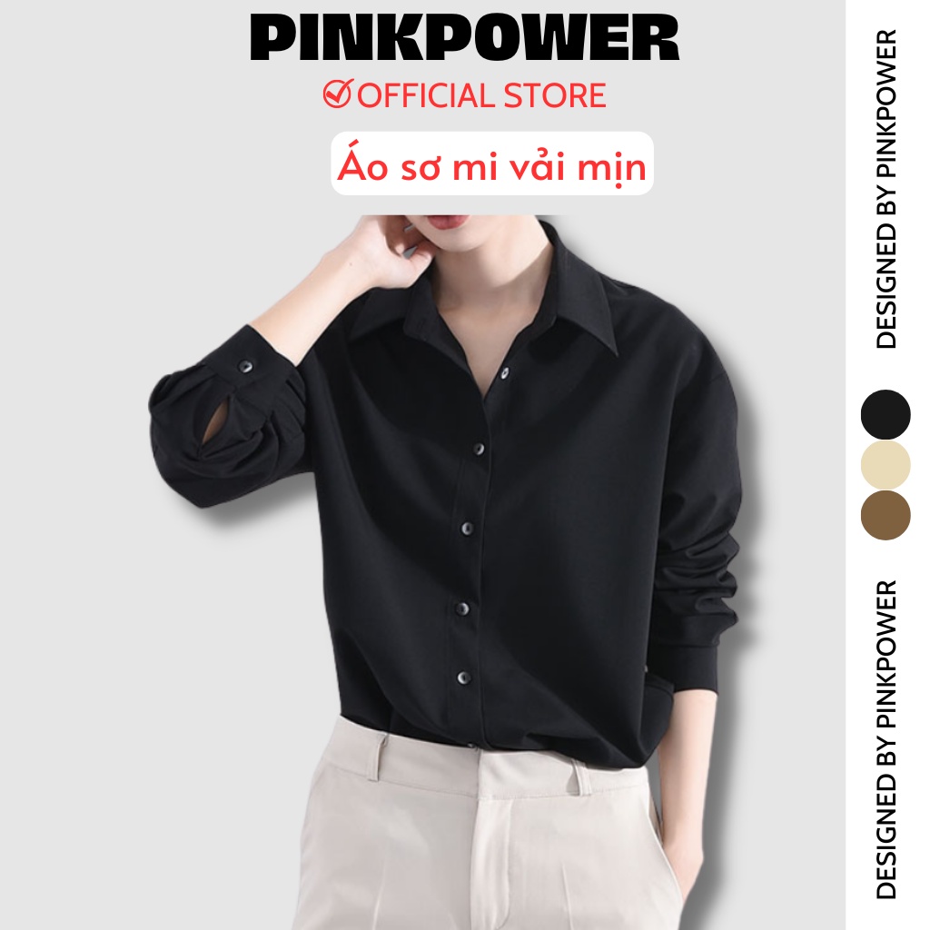 Áo sơ mi công sở nữ dài tay thiết kế kiểu dáng trơn basic các màu vải sợi mịn phong cách Hàn Quốc PINKPOWER