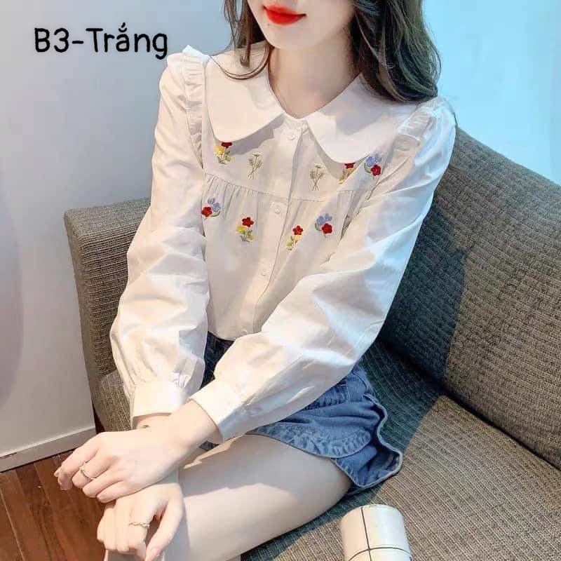 Áo Sơ Mi Tay Dài Cổ Tròn Thêu Hoa dễ Thương Phong Cách Hàn Quốc Cho Nữ B3-Trắng