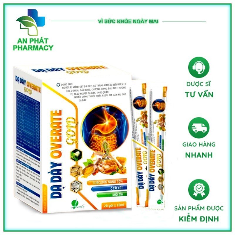 Dạ dày Overate Gold - Gói sữa uống nghệ,mật ong, Curcumin nano giúp giảm trào ngược dạ dày. Hộp 20 gói.