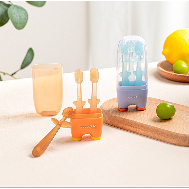 BỘ BÀN CHẢI ĐÁNH RĂNG+CHÀ LƯỠI+GẶM NƯỚU SILICON BEEDOLL CHO BÉ SS-18 THÁNG