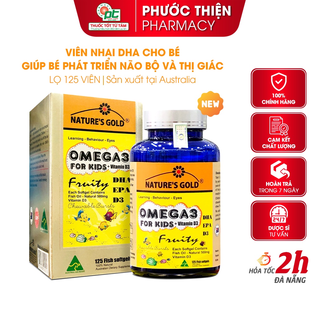 Viên Dầu Cá Trẻ Em Nature's Gold Omega 3 Kids Fish Oil 125 Viên - Omega3 for kid viên nhai vị cam dha cho bé