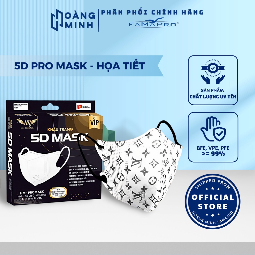 Khẩu trang 5D HM pro mask quai thun 3 lớp kháng khuẩn hộp 10 cái nhiều hoạ tiết