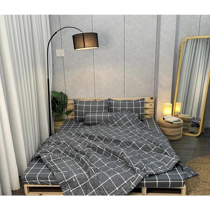 Drap Cotton 100%, ga trãi giường cao cấp in logo chính hãng  mẫu BÀN CỜ ĐEN