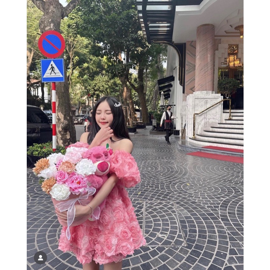 Đầm dự tiệc bẹt vai phồng hoa hồng sang trọng Rossy Fashion (có sẵn, hoả tốc) - SR185