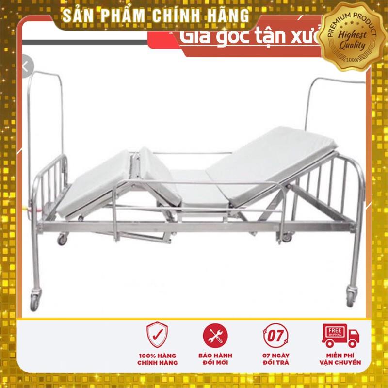 Giường inox 2 tay quay + 1 nâng tay vạc hộp + 4 khúc +thanh chắn + bánh xe + có bô + kèm niệm 7 phân.