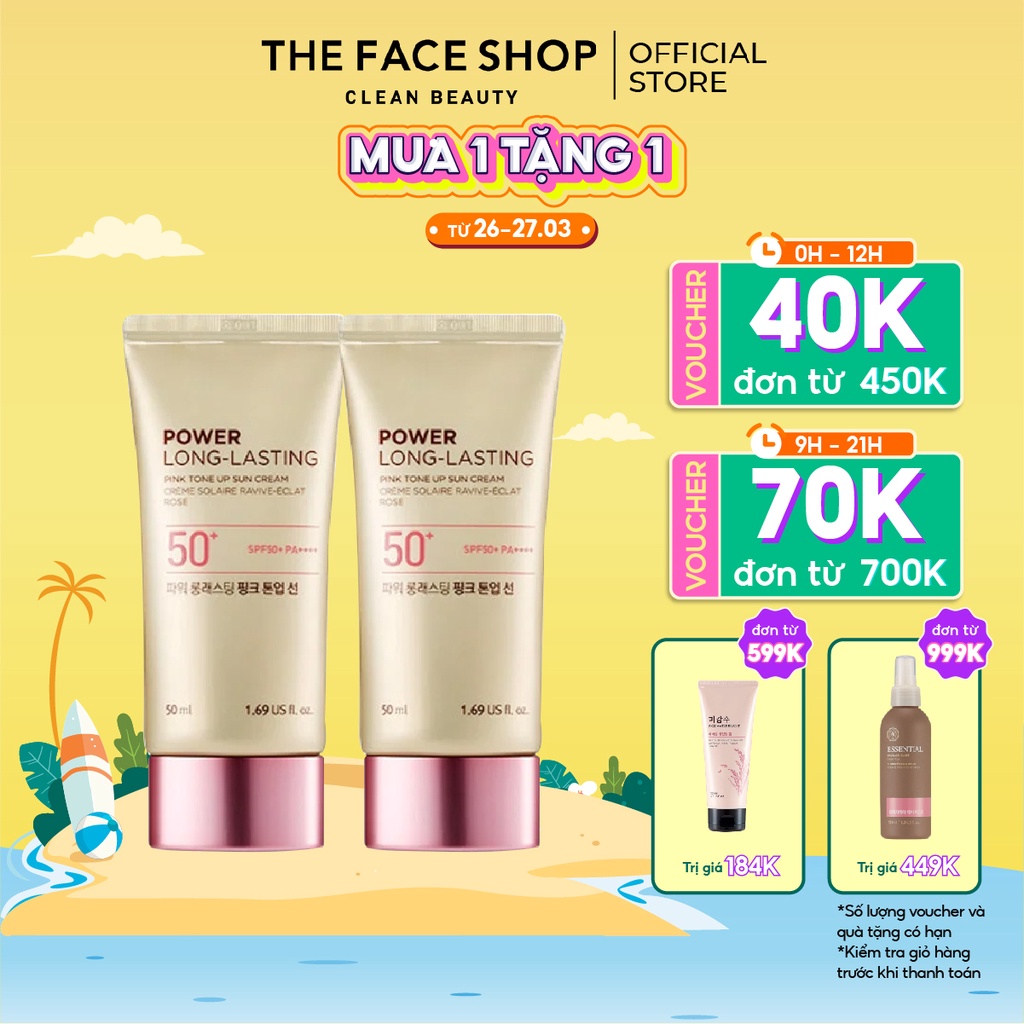 Combo 2 Kem Chống Nắng Thefaceshop Power Long Lasting Pink Tone Up Sun Cream Spf50++ 50Mlx2