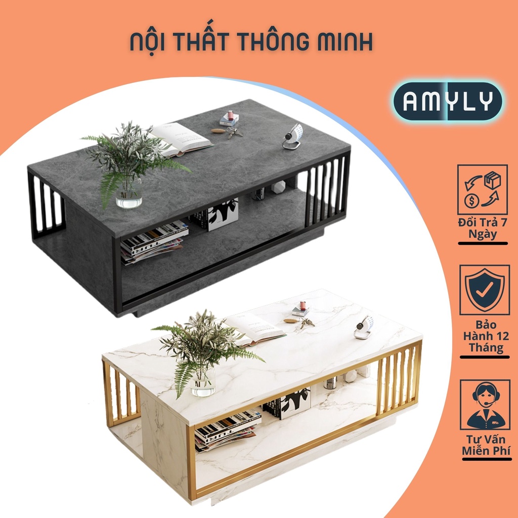 Bàn Trà Sofa Phòng Khách AMYLY Bàn Sofa Phòng Khách Mặt Gỗ MDF 2 Màu Trắng, Xám Đen Vân Đá Cẩm Thạch D100*R50*C40cm