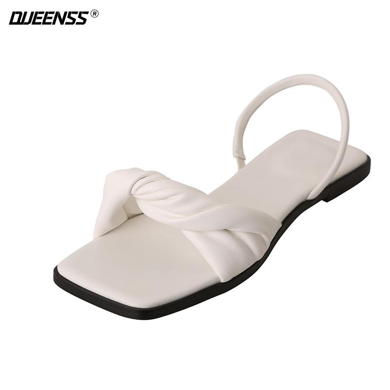 Giày Sandal Hở Ngón Đế Bằng Mềm Mại Mũi Vuông Thắt Nút Thời Trang