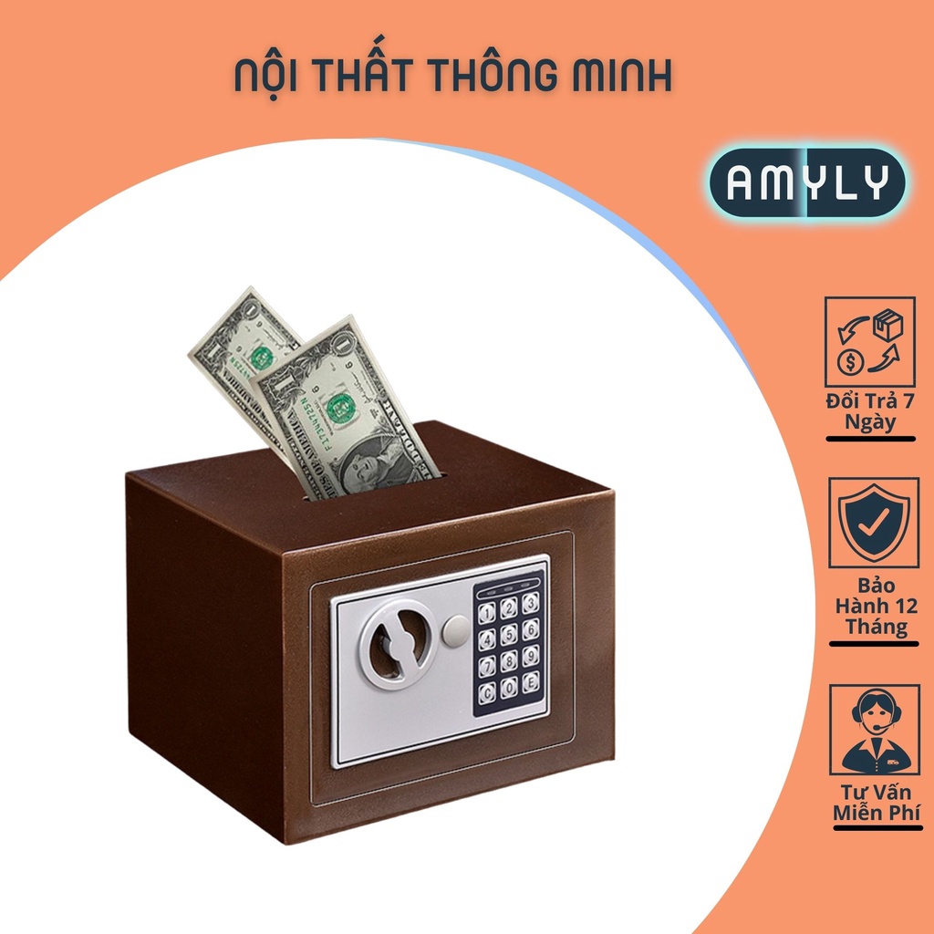 Két Sắt Mini Thông Minh AMYLY Két Sắt Mở Khóa Bằng Số Điện Tử Kích thước D23cm x R17cm x C17cm Hai Màu Trắng, Đen