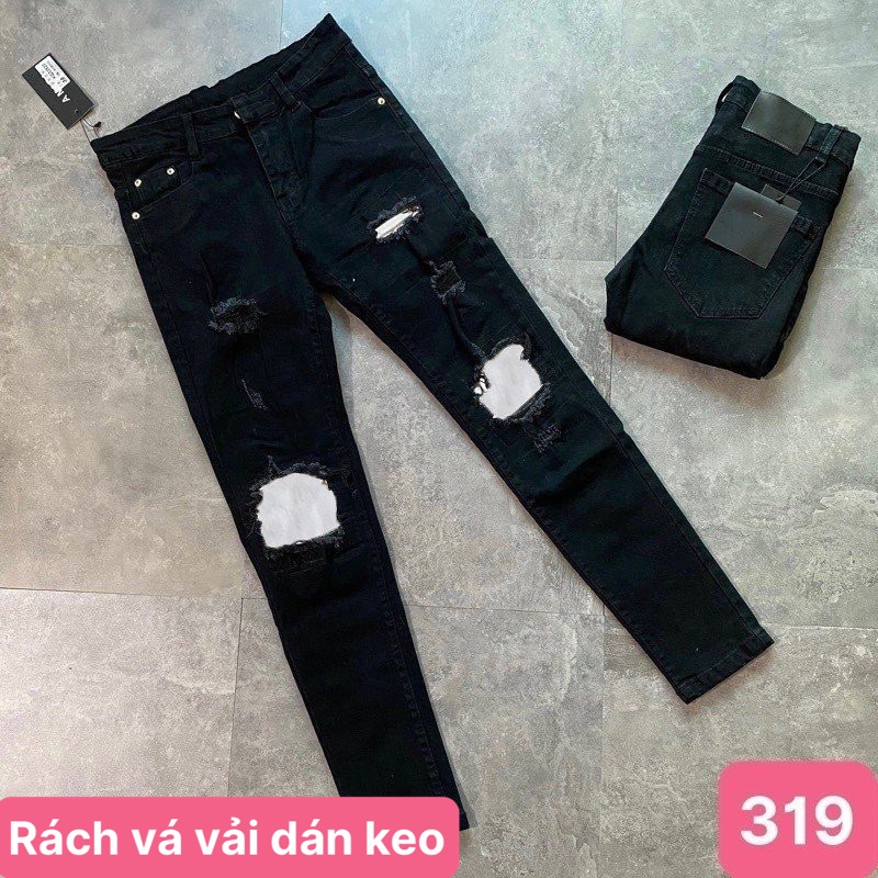 Quần jean nam rách vá gối màu đen đậm chất bò cao cấp co dãn 4 chiều cực đẹp, quần rin nam Havado319 Mẫu Mới