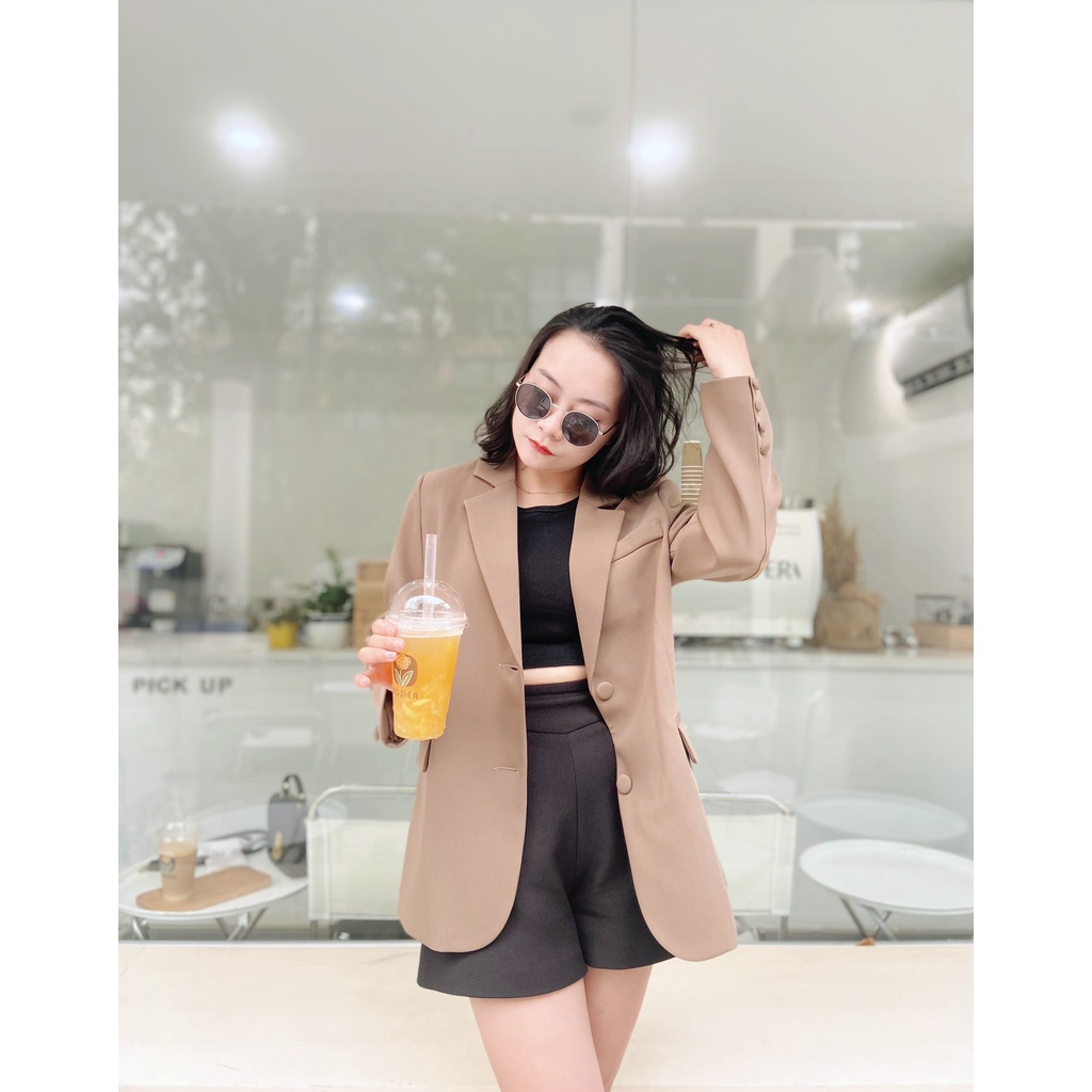 Blazer nữ vest nữ dài tay độn vai màu nâu/ kaki chuẩn form Hàn Quốc (Hàng Quảng Châu cao cấp)