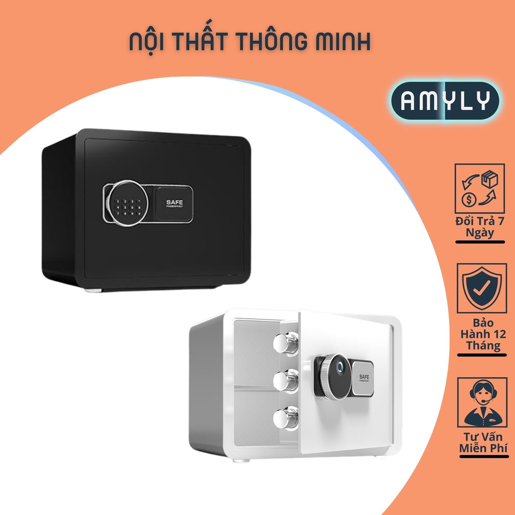 Két Sắt Mini AMYLY Két Sắt Vân Tay Mở Khóa Thông Minh Cỡ Nhỏ Kích Thước D35cm x R25cm x C25cm Hai Màu Trắng, Đen
