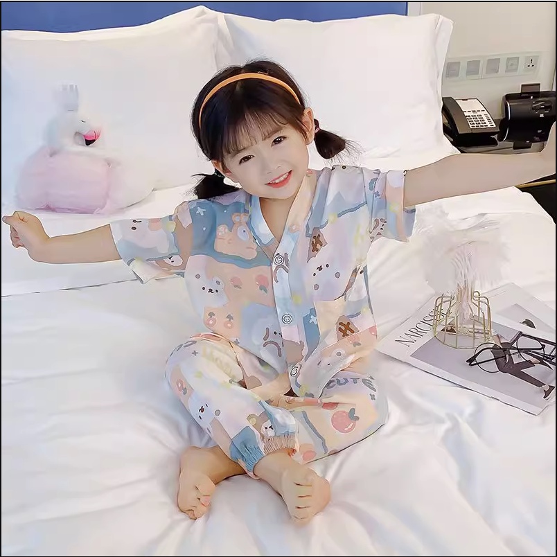 Bộ Đồ Ngủ Pijama Cho Bé Gái Chất Lụa Lanh Cao Cấp Mềm Mát Hot Nhất Mùa Hè 2023, Từ 12 - 30 Kg Hàng QC