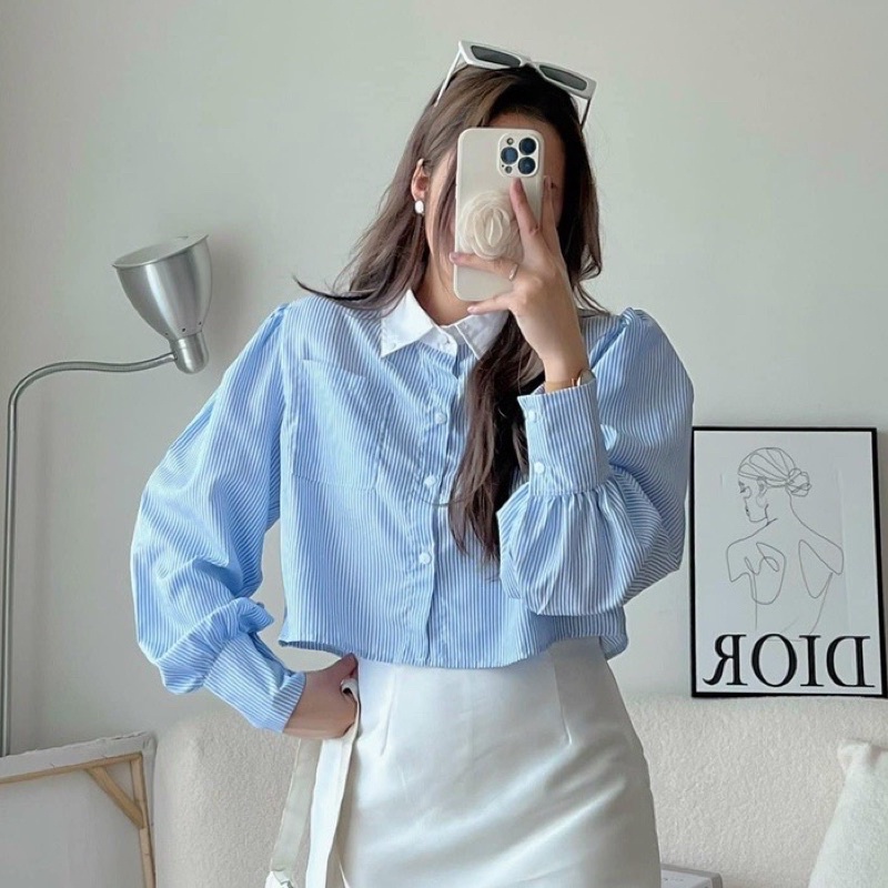 Áo Sơ Mi Croptop Hàn Quốc, Dáng Basic, Freesize Dưới 60Kg, Hàng Hot Trend, Loại 1