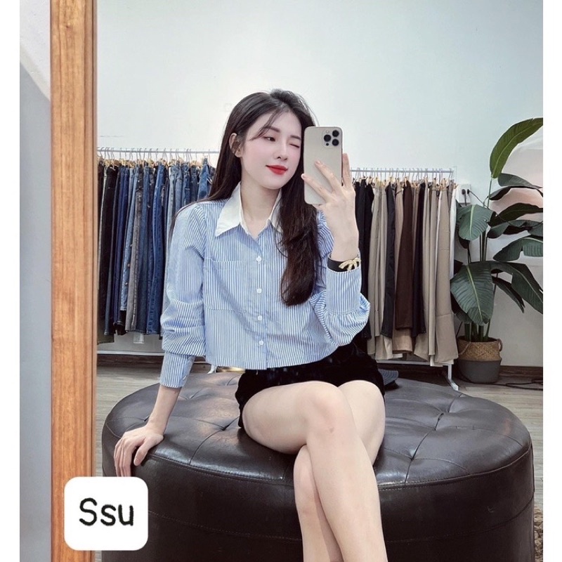 Áo Sơ Mi Croptop Hàn Quốc, Dáng Basic, Freesize Dưới 60Kg, Hàng Hot Trend, Loại 1