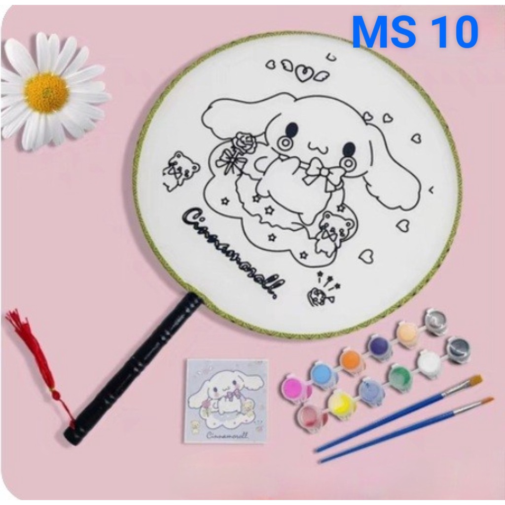 Quạt tròn vải lụa tô màu kiểu dáng cổ trang in hình hoat hình (24cm)