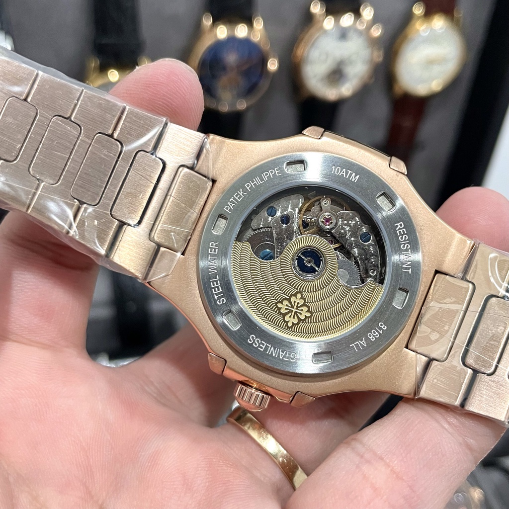 Đồng hồ Nam Ptx vuông trăng sao màu nâu vỏ vàng vành đá vuông size 40-41mm có lịch date month, kim dạ quang dây kim loại