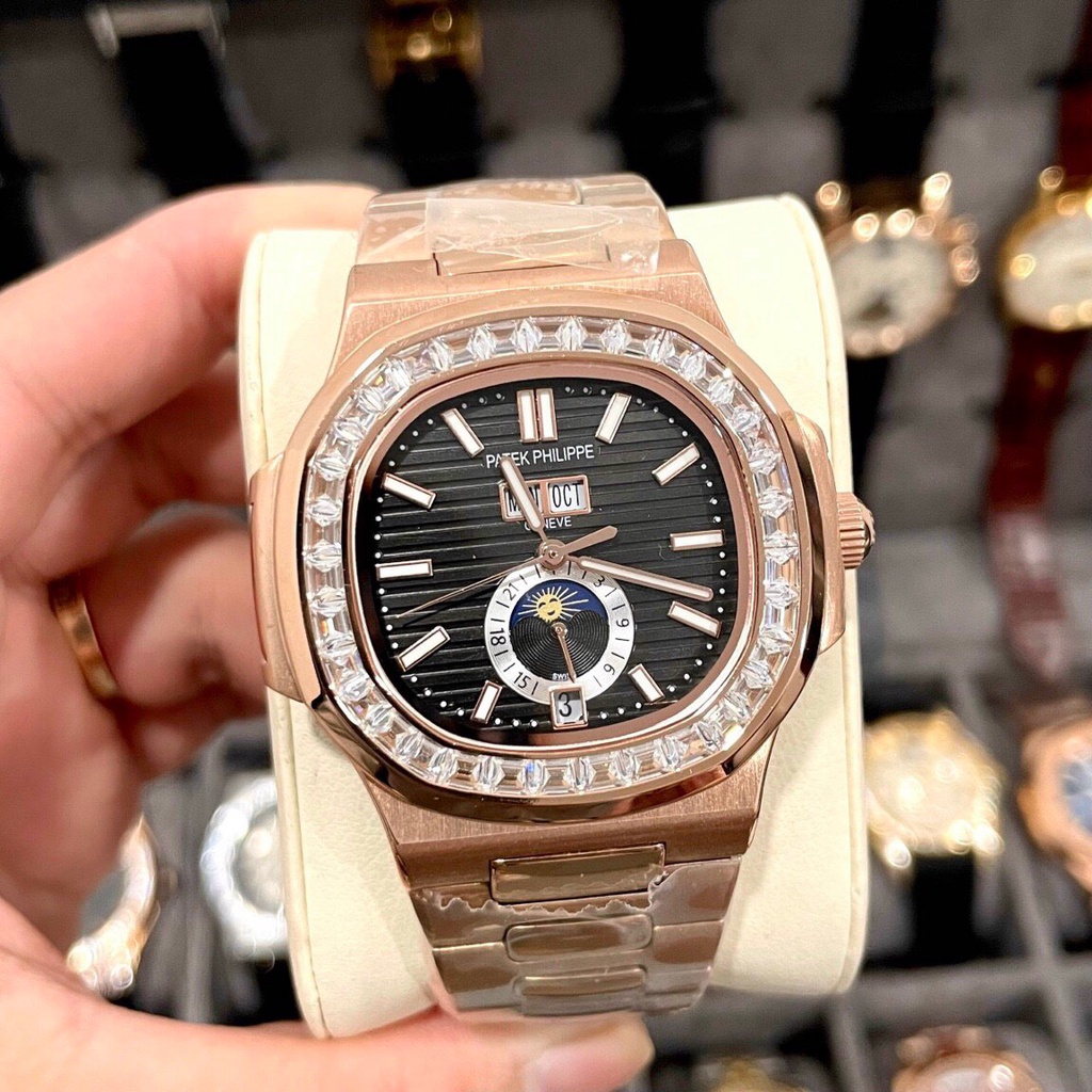 Đồng hồ Nam Ptx vuông trăng sao màu nâu vỏ vàng vành đá vuông size 40-41mm có lịch date month, kim dạ quang dây kim loại