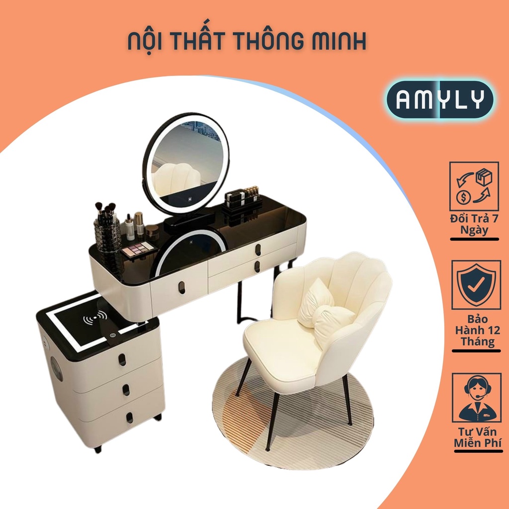 Bàn Trang Điểm Thông Minh AMYLY Kệ Trang Điểm Nhiều Mẫu Tích Hợp Loa BLT, Sạc không Dây, Đèn Led D100*R45*C75cm