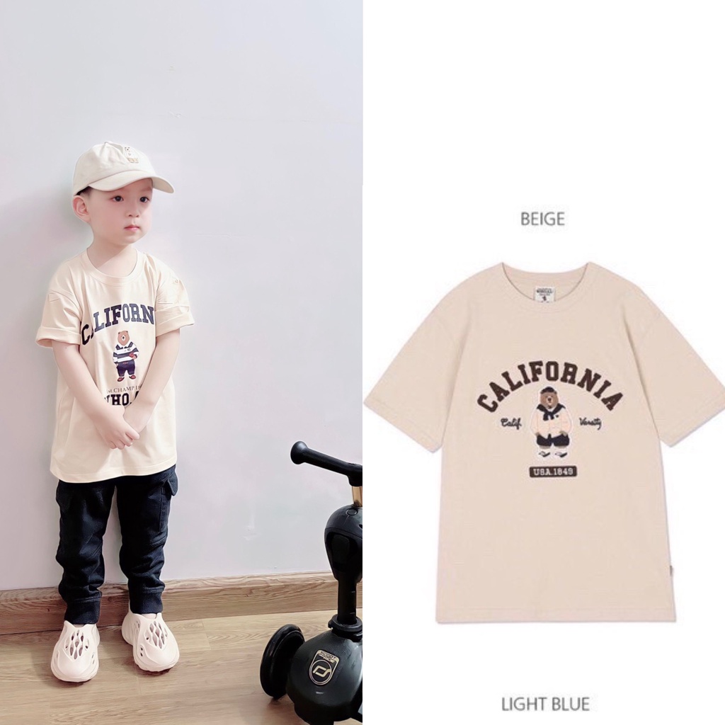 Áo phông california gấu chất cotton thun lạnh kẻ cho bé , áo phông trẻ em unisex HEKIDS