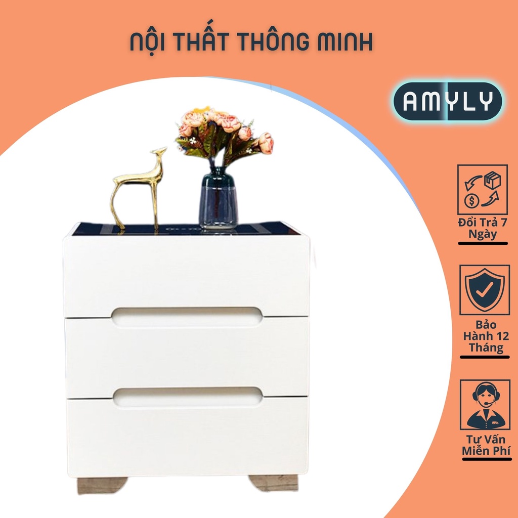 Tủ Đầu Giường AMYLY Tủ Để Đầu Giường Thông Minh 3 Ngăn Mở Khóa Vân Tay Và Có Sạc Không Dây D49*R39*C52cm