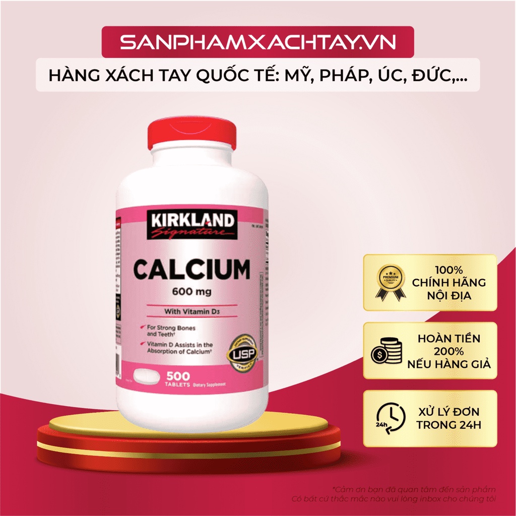 Viên uống Canxi Kirkland Calcium 600mg + D3 - Giúp xương, răng chắc khỏe, bổ sung canxi - Hộp 500 viên