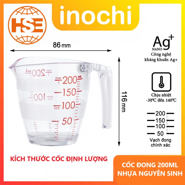Cốc đong YOKO INOCHI (200ml hoặc 500ml) ly định lượng dung dịch dùng trong nấu ăn pha chế ca chia vạch nhựa nguyên sinh