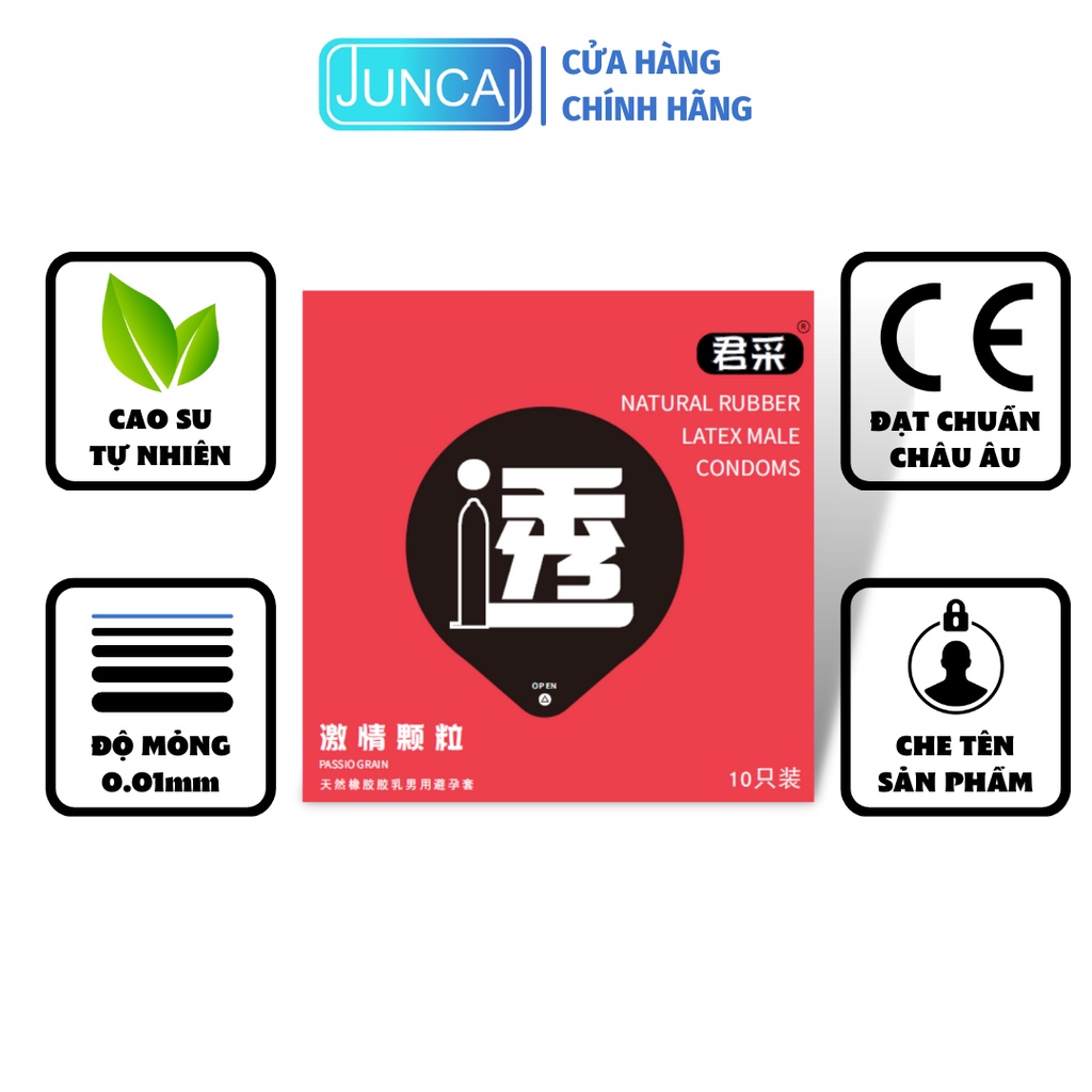 Bao cao su JUNCAI 001 Passio Grain siêu mỏng, gai liti, tăng cường lượng gel, chất lượng quốc tế ( Hộp 10 chiếc)