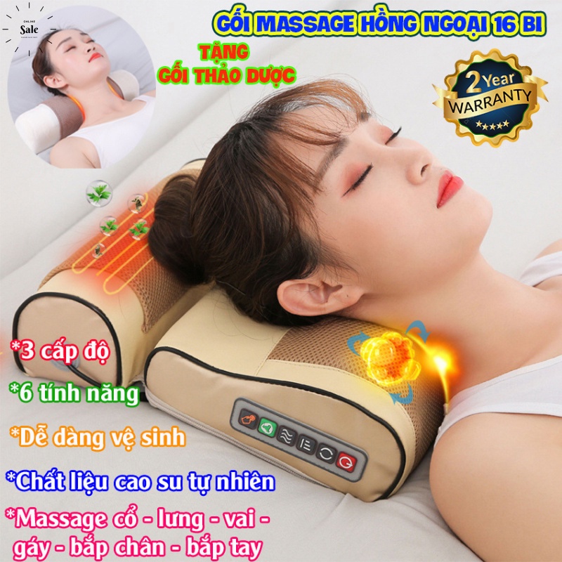 Máy massage cổ vai gáy 16 bi cao cấp thế hệ mới, gối massage hồng ngoại hỗ trợ giảm nhức mỏi toàn thân