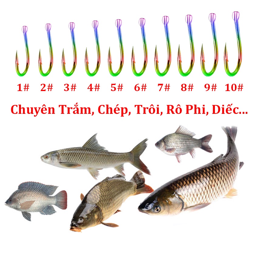 Lưỡi câu cá titan 7 màu cao cấp chất liệu siêu cứng sắc bén và chống ăn mòn chuyên câu cá trắm, trôi, chép...