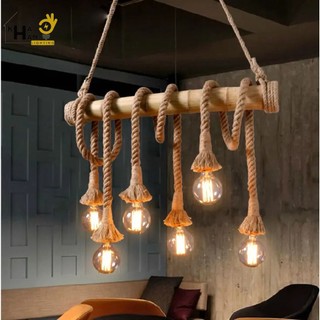 Đèn thả decor thân tre dây thừng 6 bóng - đèn khả hân