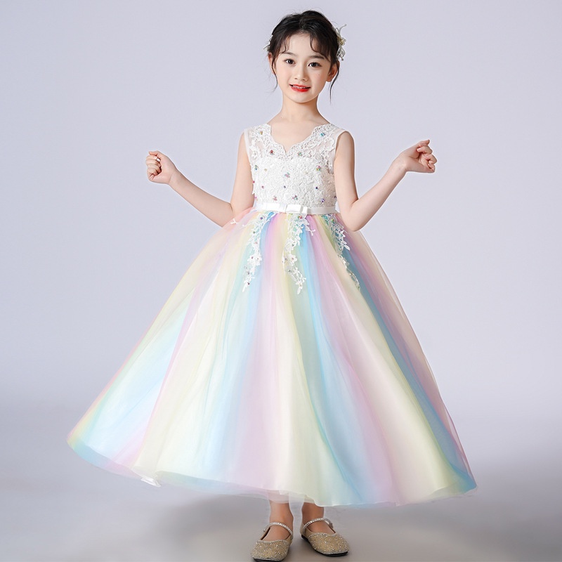 Đầm bé gái lưới cầu vồng váy công chúa cổ chữ V dài Ngày thiếu nhi trang phục piano
