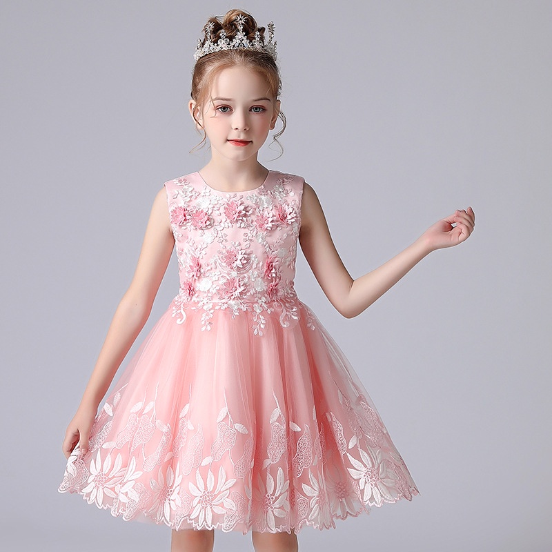 Đầm Công Chúa Bé Gái Màu Hồng Mùa Hè Mới Ngày Thiếu Nhi Piano Trẻ Em Trang Phục Biểu Diễn Lưới