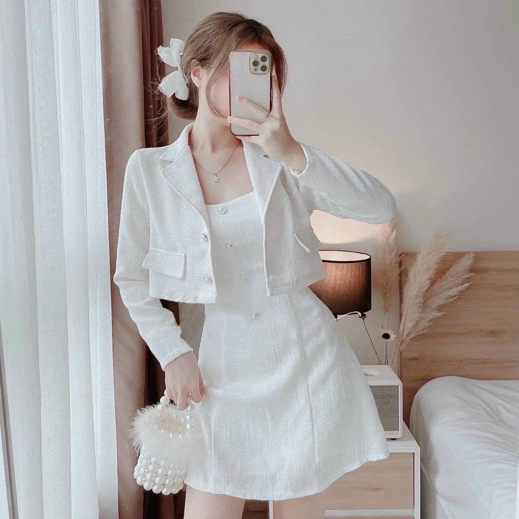 Đầm linen hai dây dáng chữ A phối áo khoác dài tay phong cách Hàn Quốc [877]