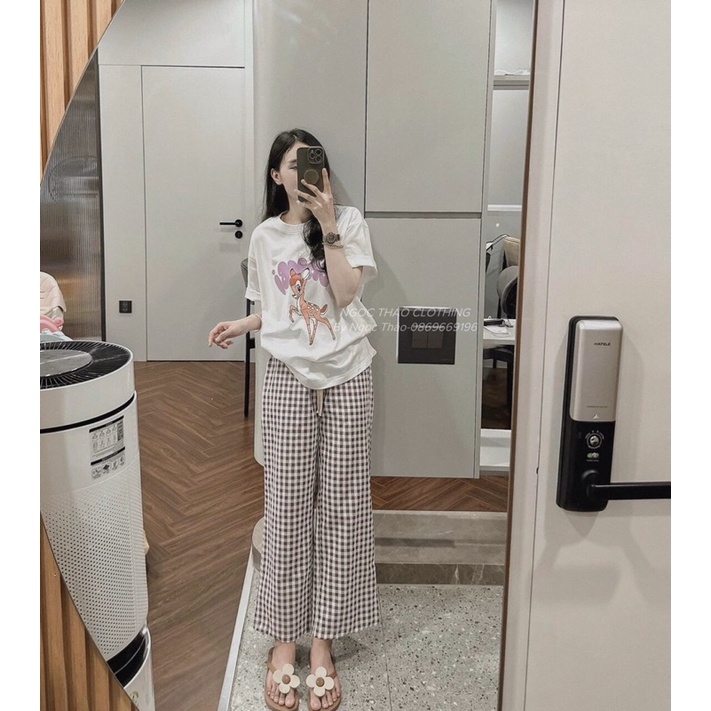 Bộ áo phông cotton quần dài kẻ cho nữ