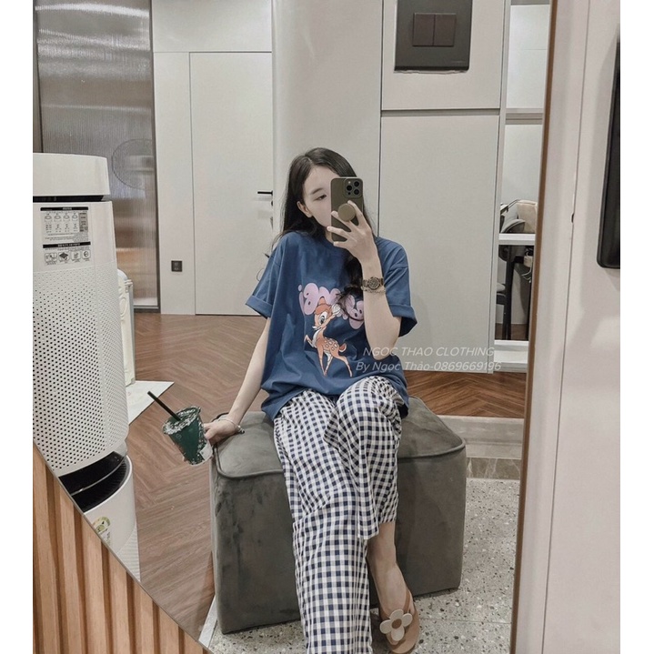 Bộ áo phông cotton quần dài kẻ cho nữ