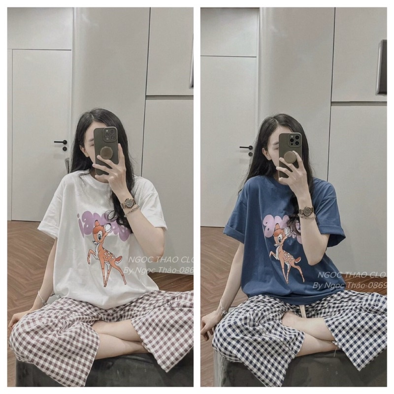 Bộ áo phông cotton quần dài kẻ cho nữ