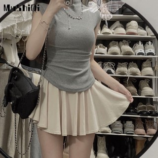 Chân váy MUSHIQI xếp ly mỏng màu be retro chống trượt dễ phối đồ thời trang cho bạn gái