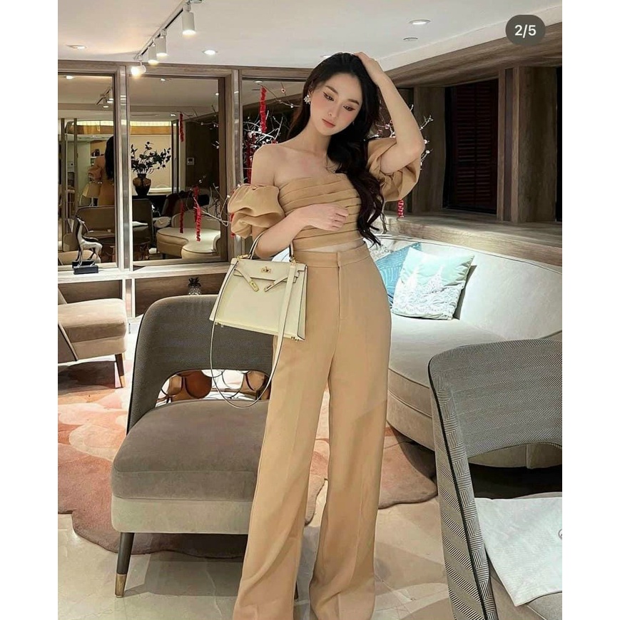 Sét bộ nữ hàng thiết kế cao cấp áo trễ vai dáng ngắn mix quần ống rộng,chất đẹp diện đi đâu cũng sang