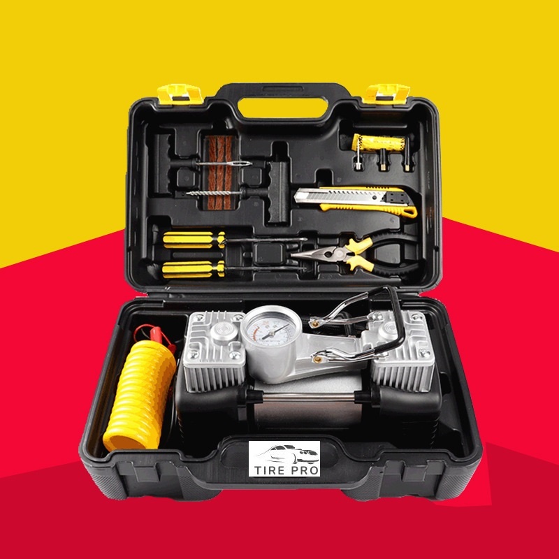 Bơm lốp ô tô loại mạnh 2 motor, 2 xi lanh, bơm điện ô tô tự ngắt, bơm hơi 12V kèm đèn led, đồng hồ đo áp suất lốp