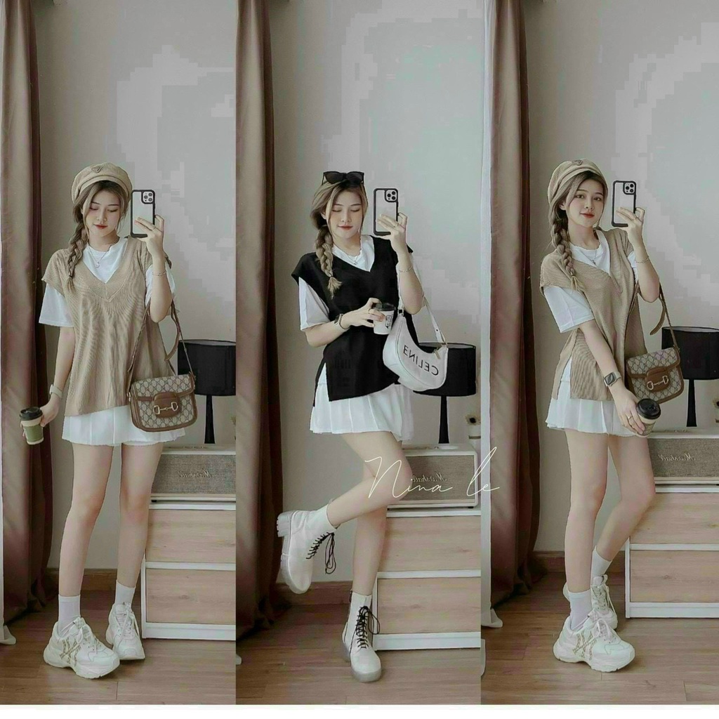 Set váy 3 món áo cotton tone trắng mix áo khoác gile phối chân váy siêu xinh xắn, dễ thương dành cho các chị em